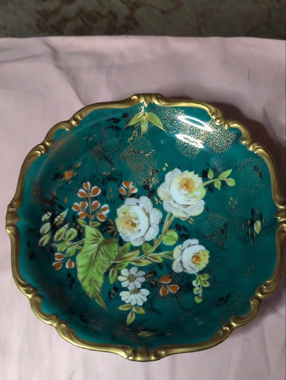 Rosen Thal Germany Hand-Painted Floral Decorative Bowl in Teal with Gold Trim